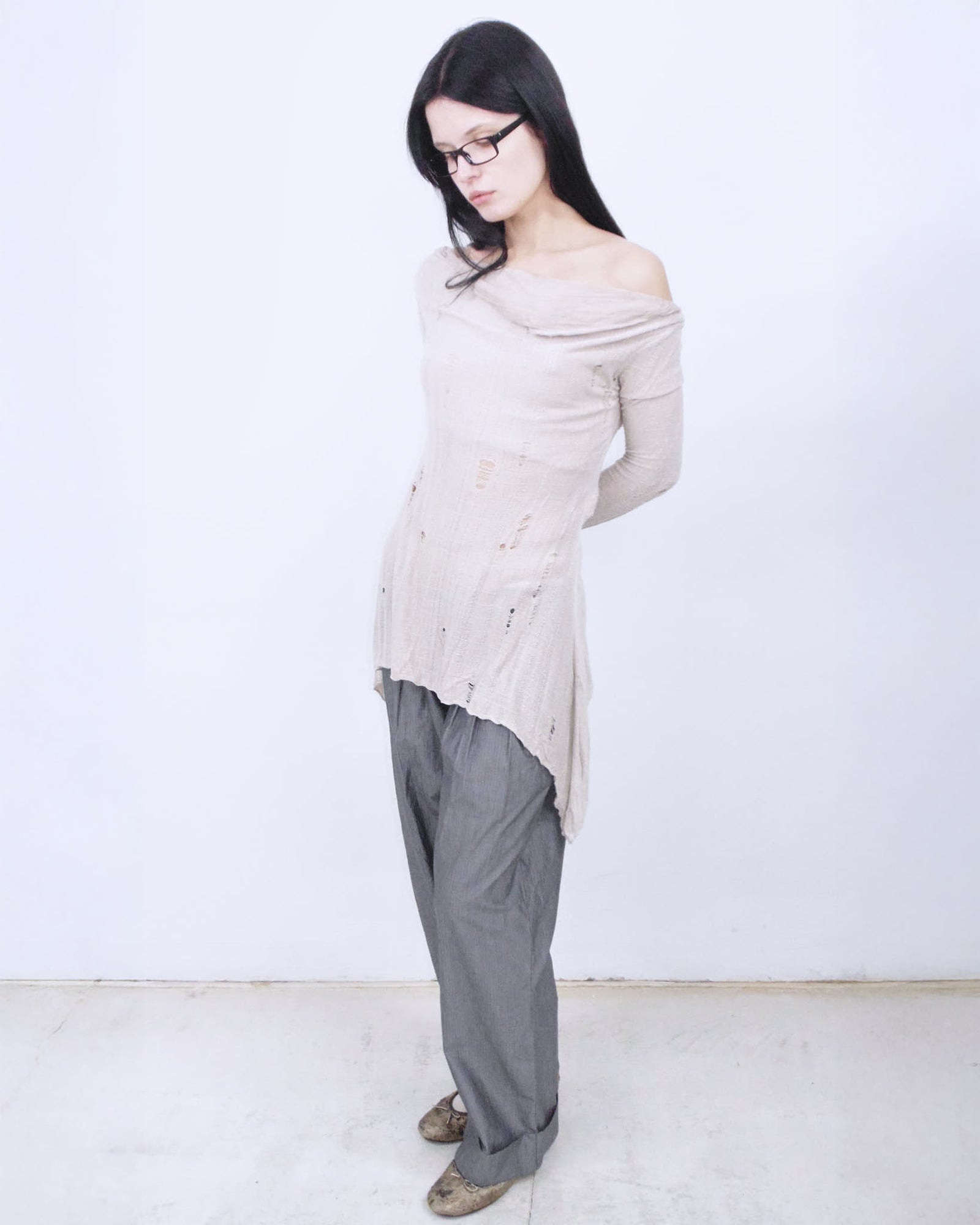 distressed long sleeve light pink nude top