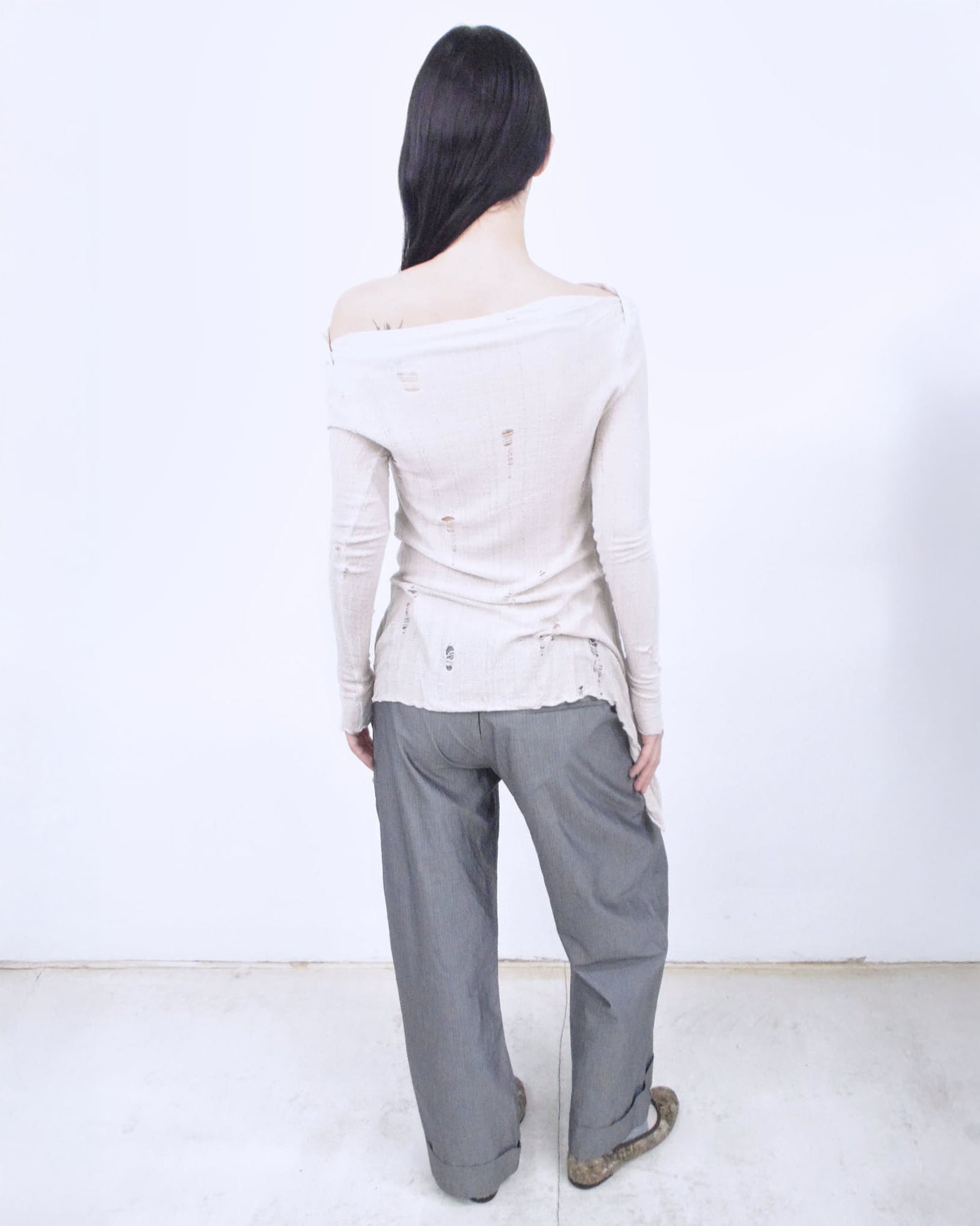 distressed long sleeve light pink nude top