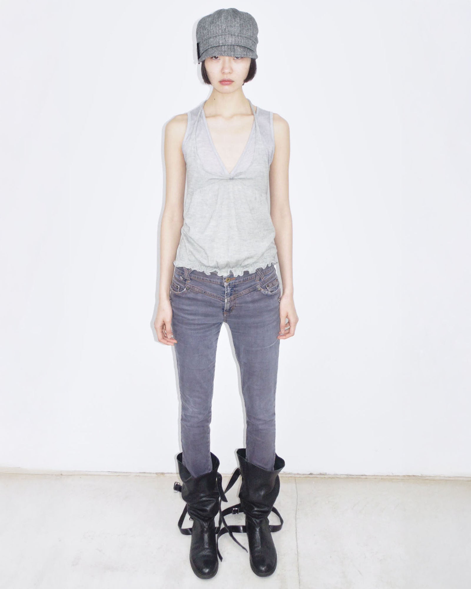 lilac denim skinny jeans with zipper detail