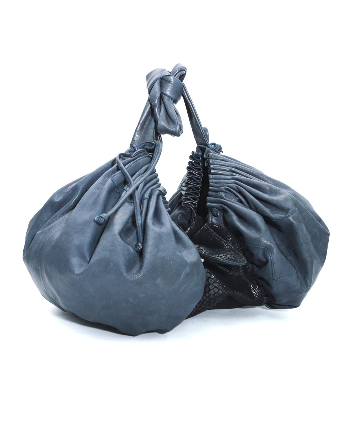double pouch gathered dark blue leather crossbody bag