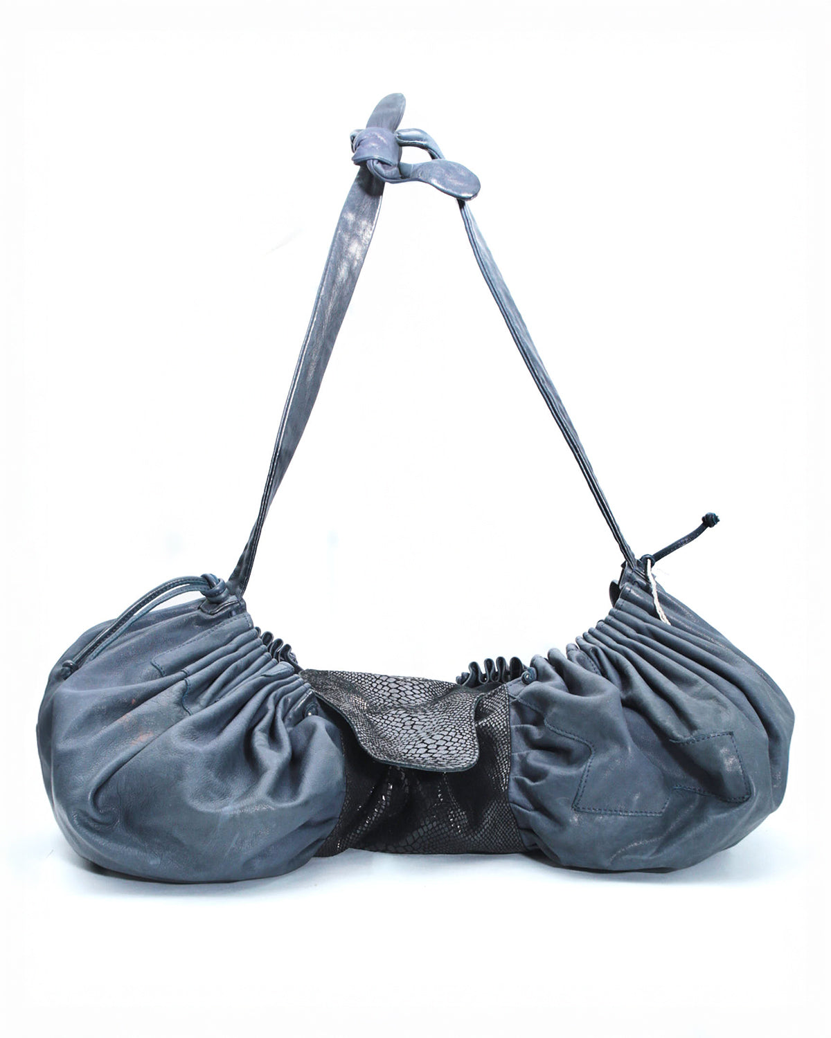 double pouch gathered dark blue leather crossbody bag