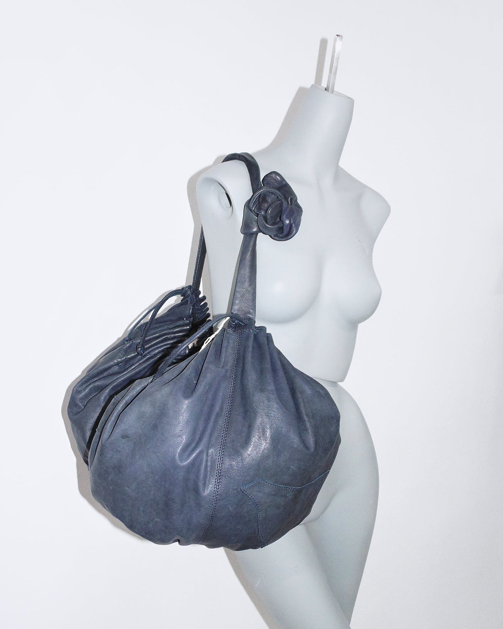double pouch gathered dark blue leather crossbody bag