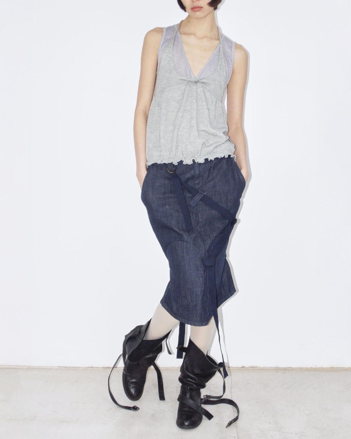 dark denim midi skirt with strap details