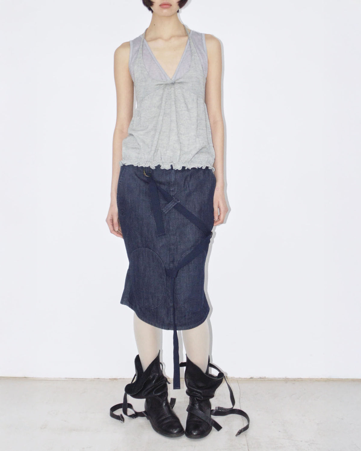 dark denim midi skirt with strap details