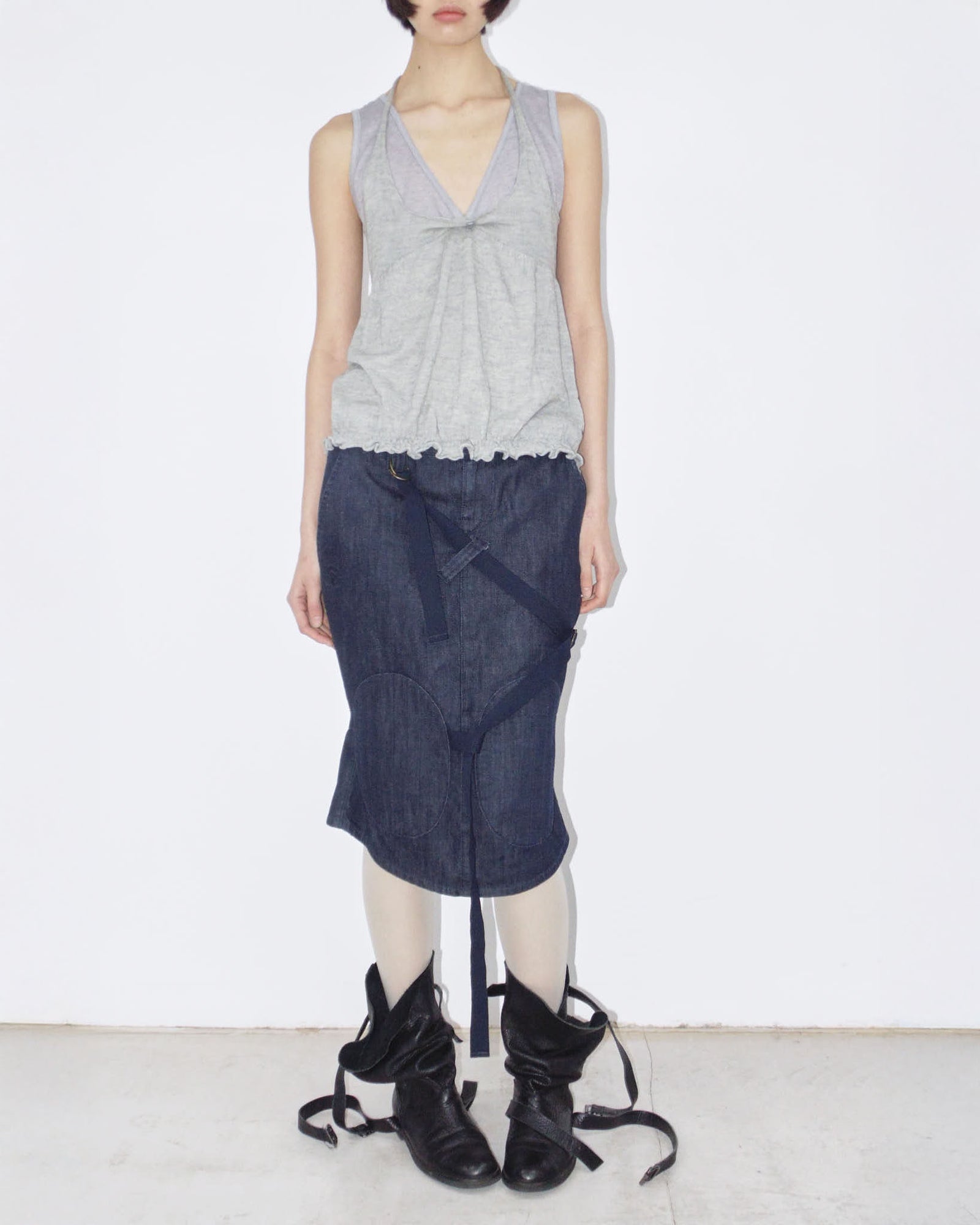 dark denim midi skirt with strap details