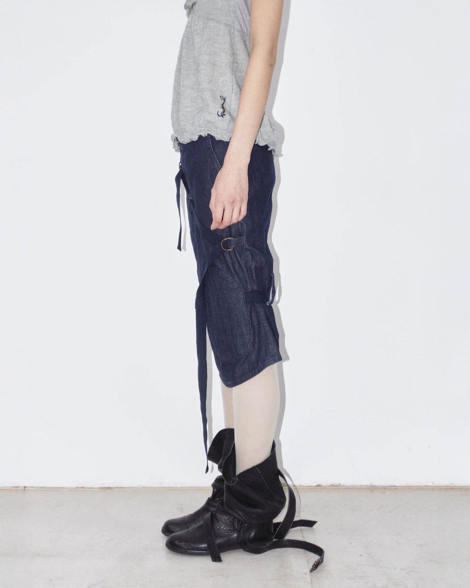 dark denim midi skirt with strap details