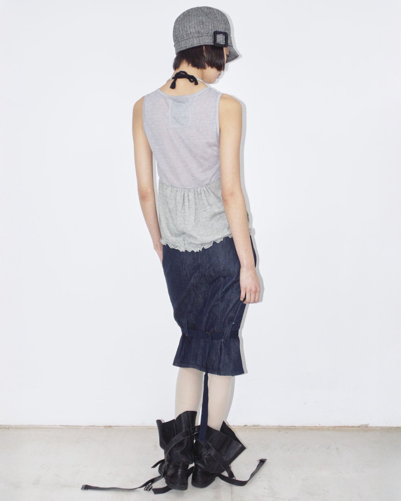 dark denim midi skirt with strap details