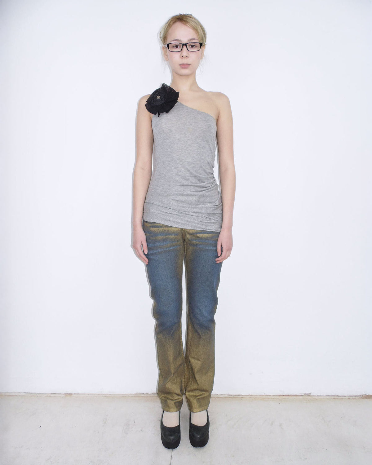 gold and blue denim pants