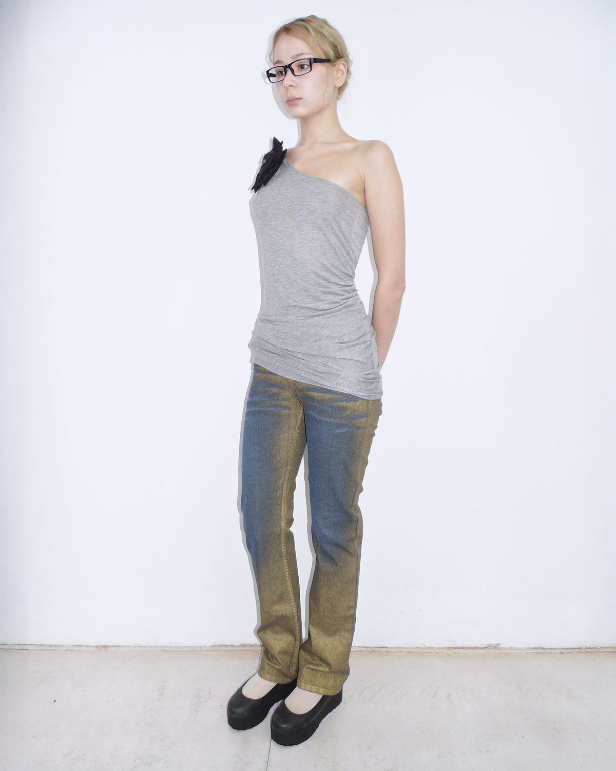 gold and blue denim pants