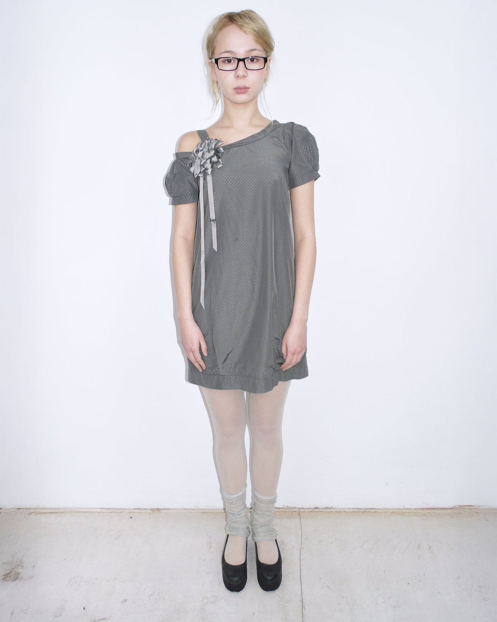 gray polka dot puff dress with cockade