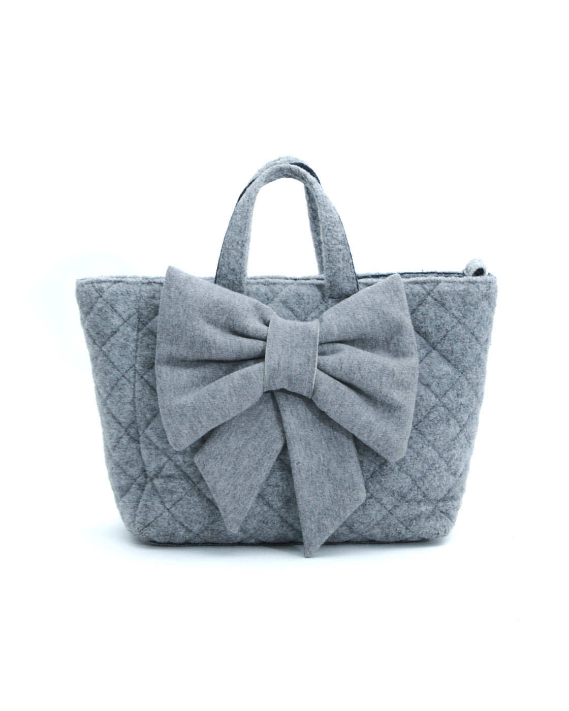 gray quilted wool tote with bow