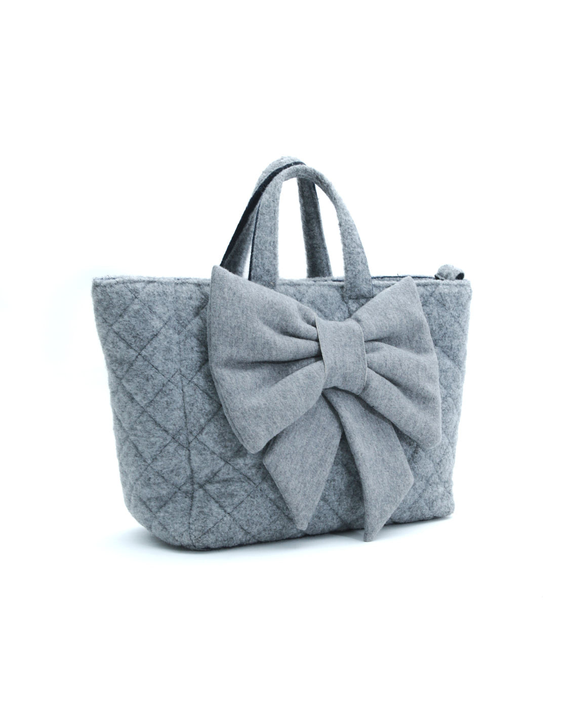 gray quilted wool tote with bow