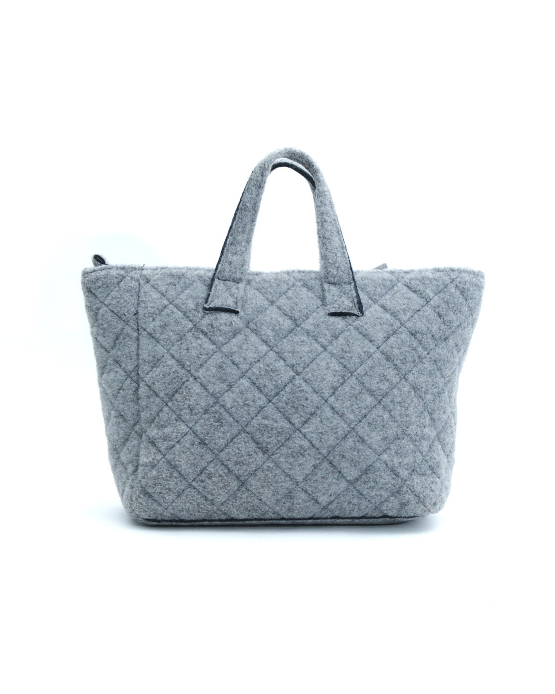 gray quilted wool tote with bow