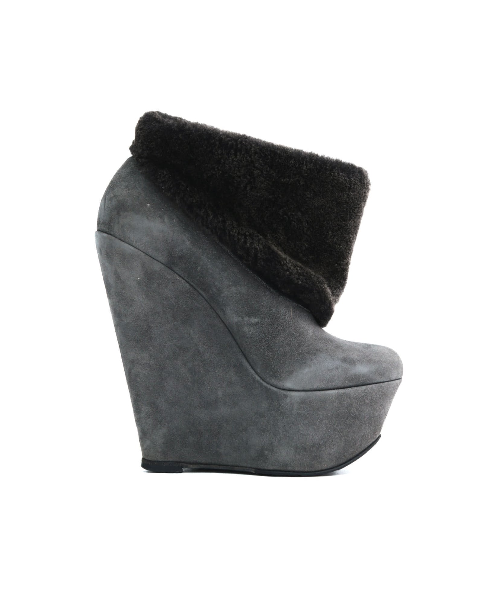 gray suede wedge boots with fur trim and buttons