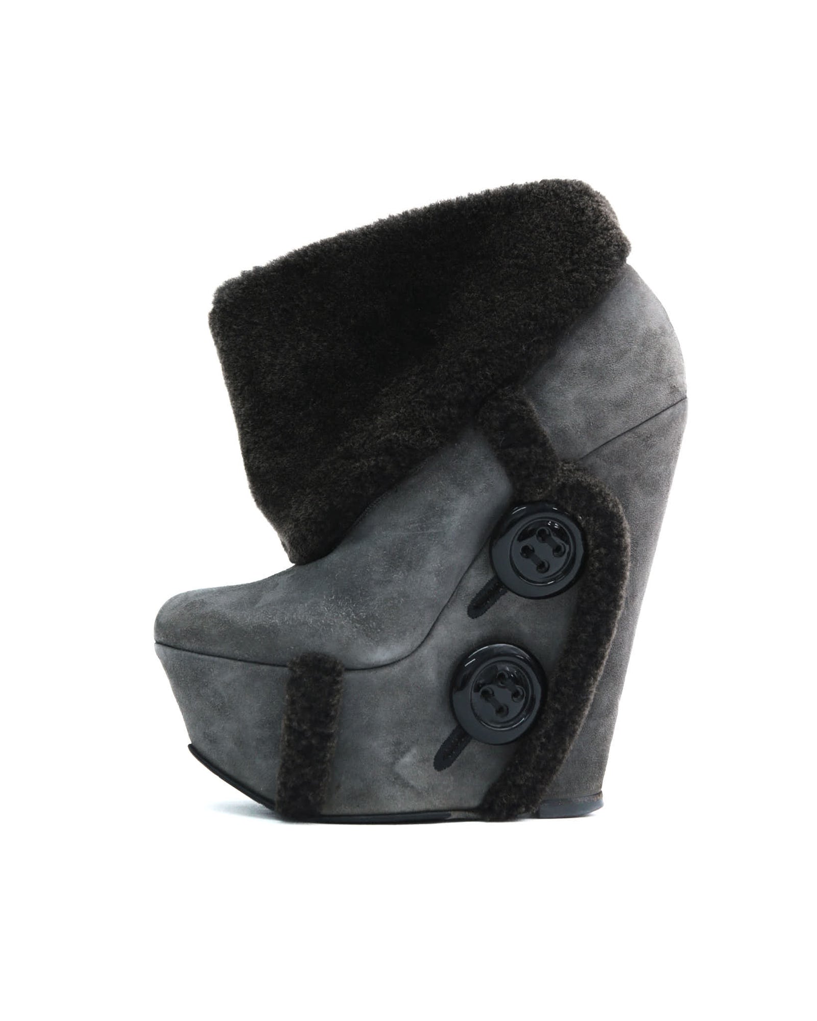 gray suede wedge boots with fur trim and buttons