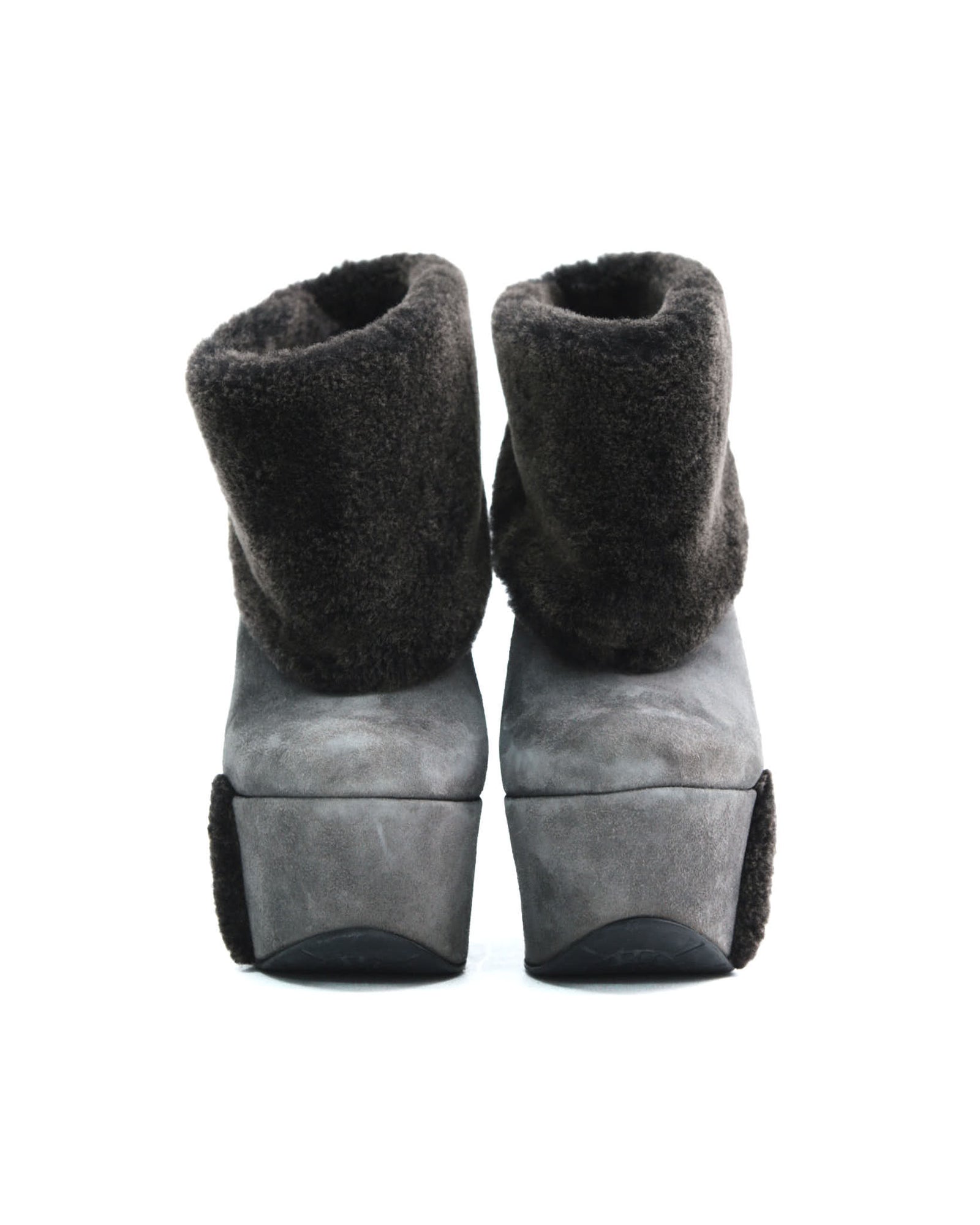 gray suede wedge boots with fur trim and buttons