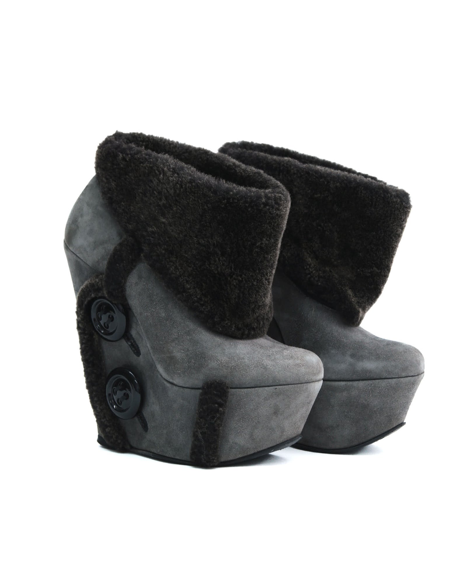 gray suede wedge boots with fur trim and buttons