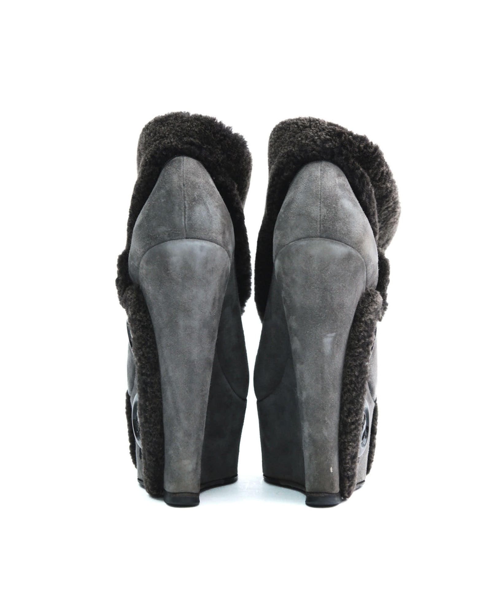 gray suede wedge boots with fur trim and buttons