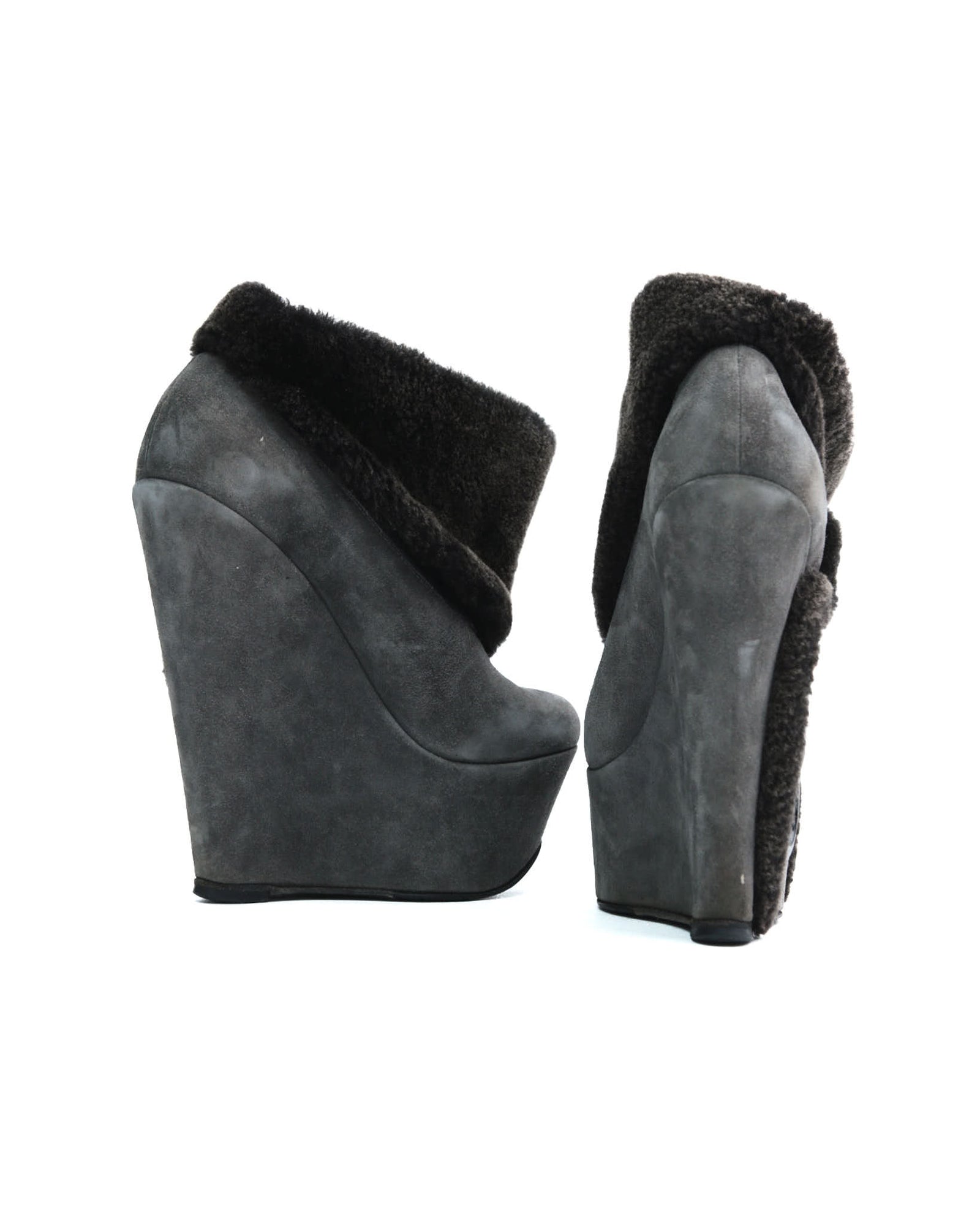 gray suede wedge boots with fur trim and buttons