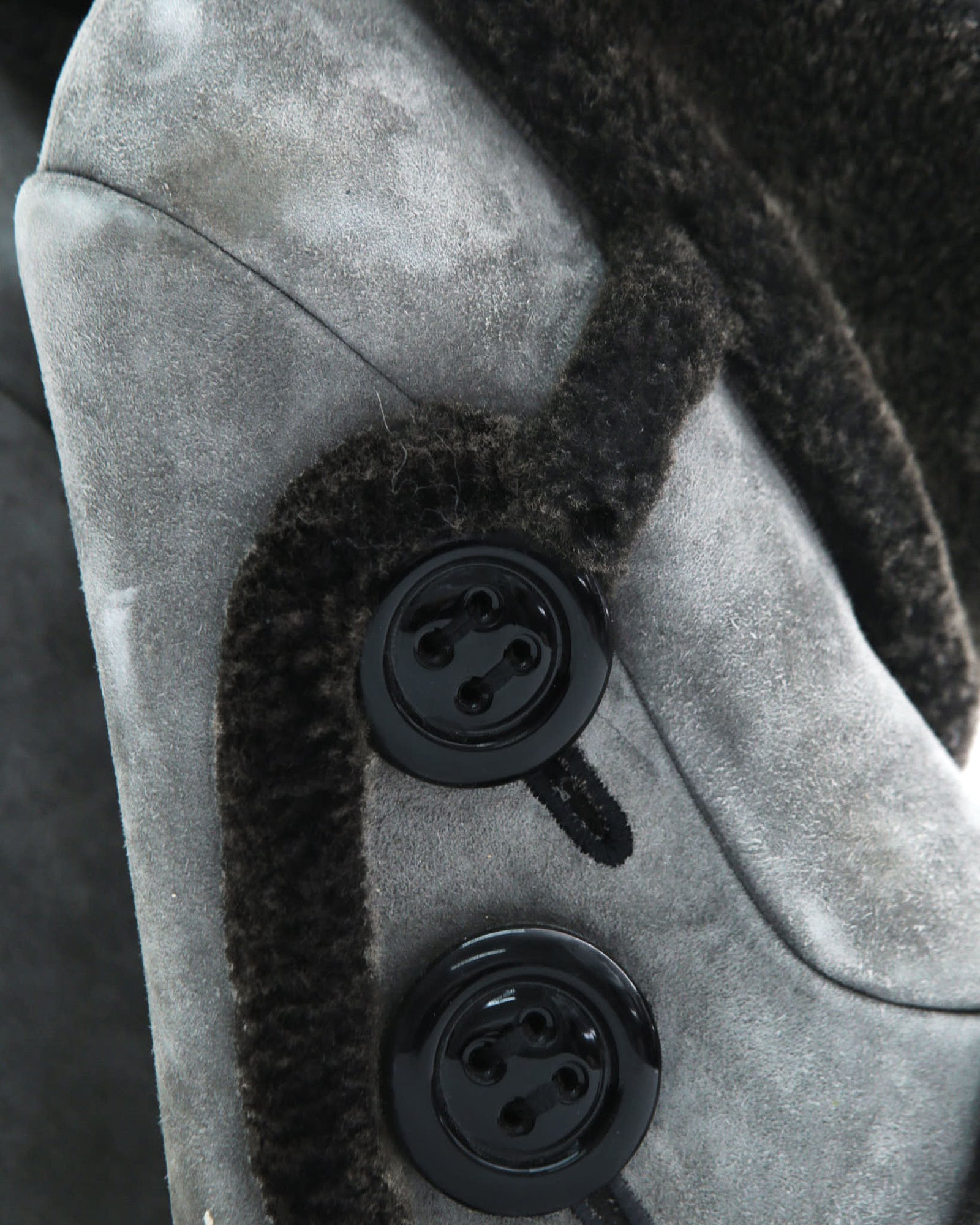 gray suede wedge boots with fur trim and buttons