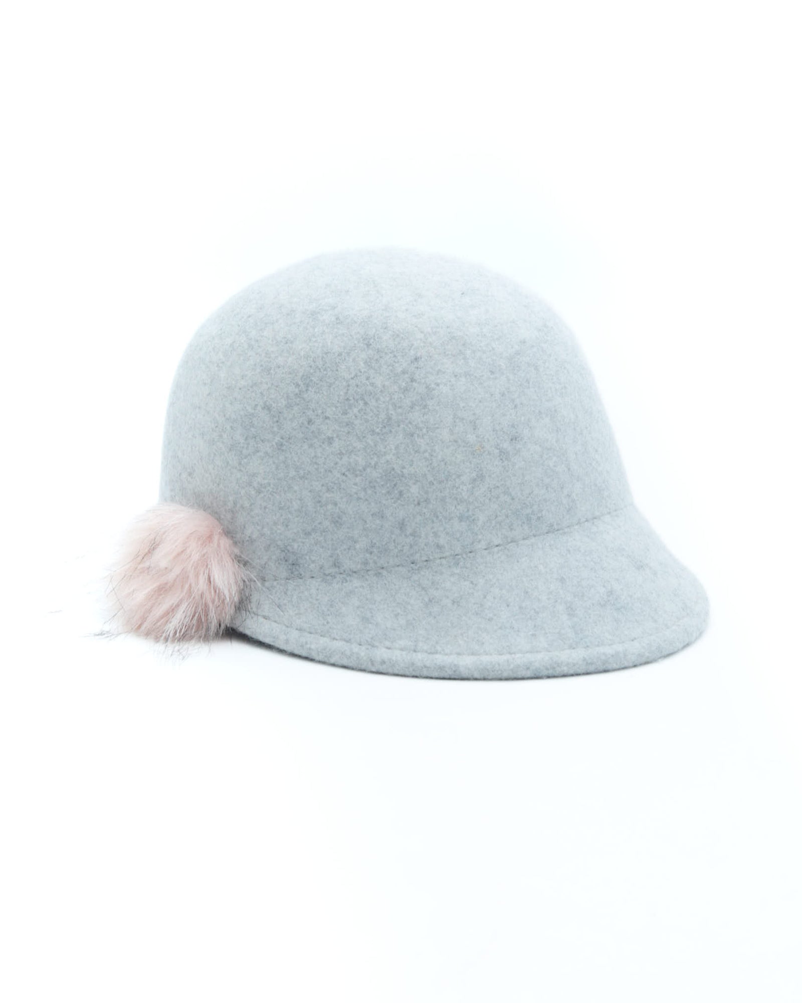 gray wool cap with fur pompom
