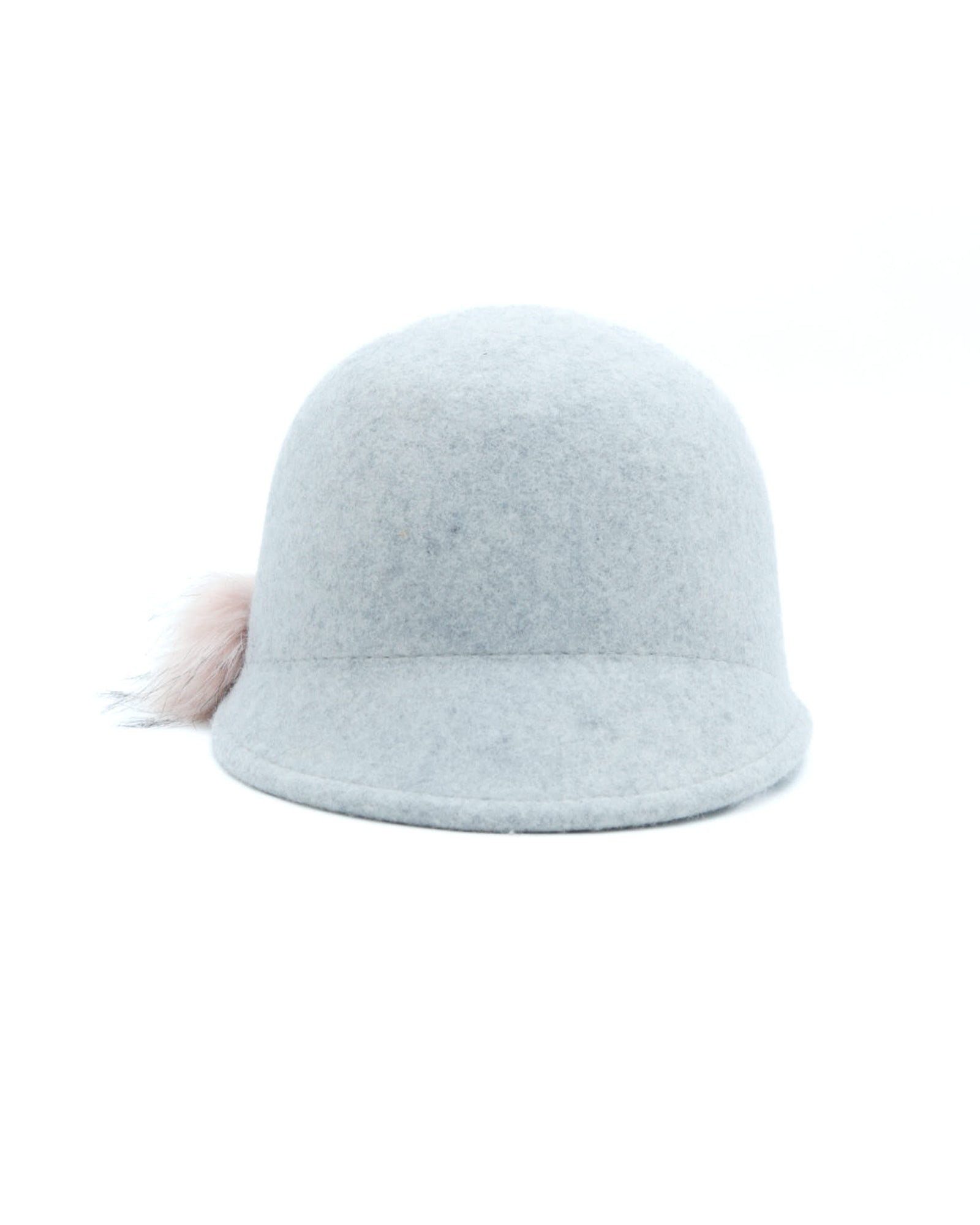 gray wool cap with fur pompom