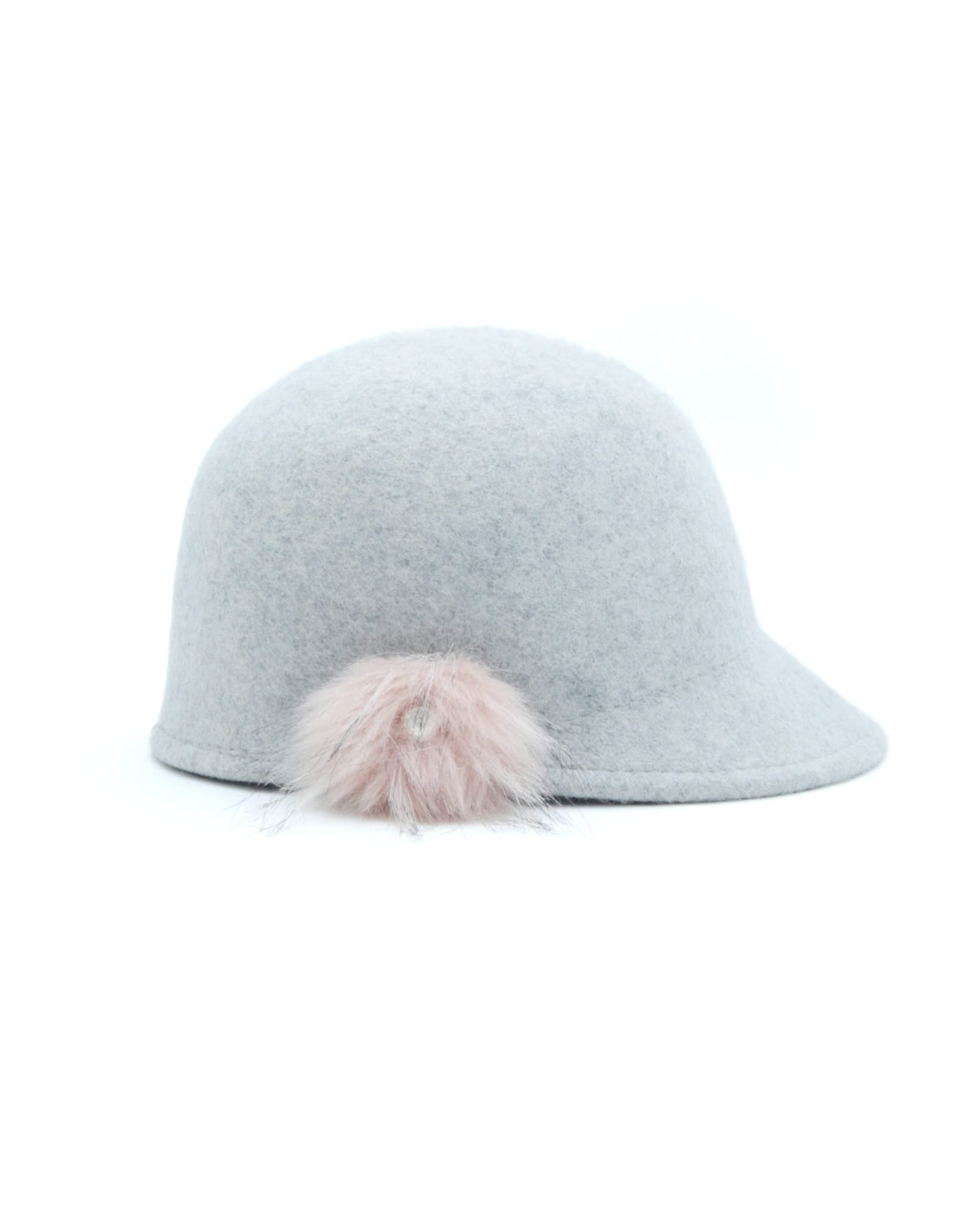 gray wool cap with fur pompom