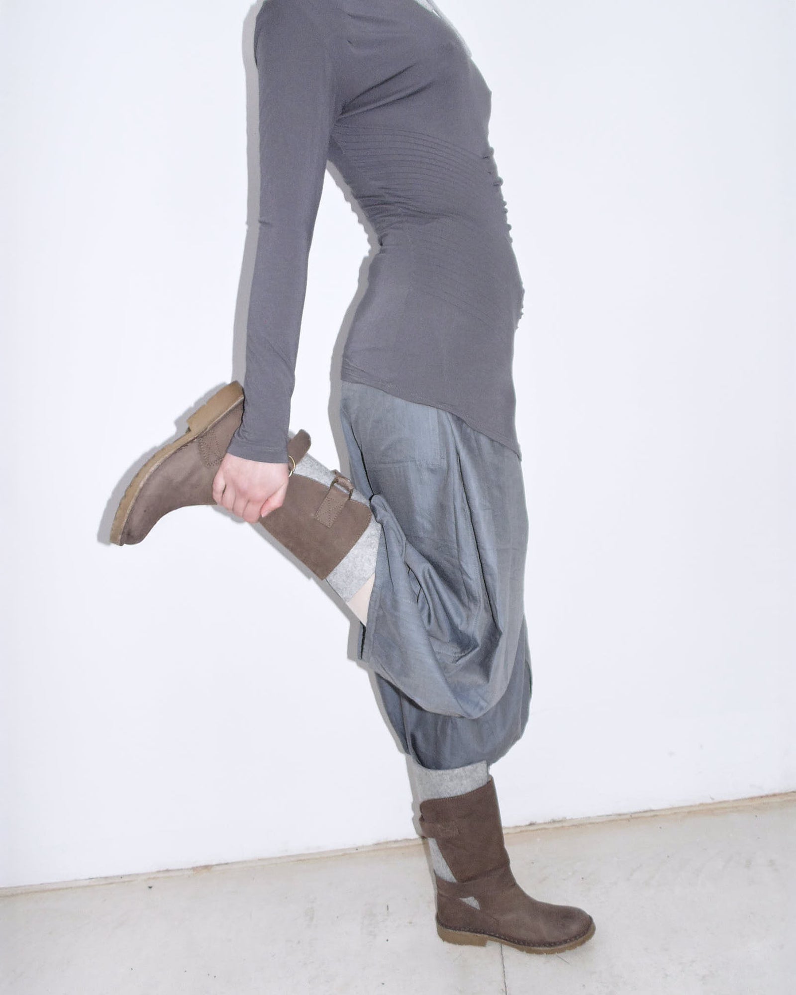 grey felt & brown leather buckle boots