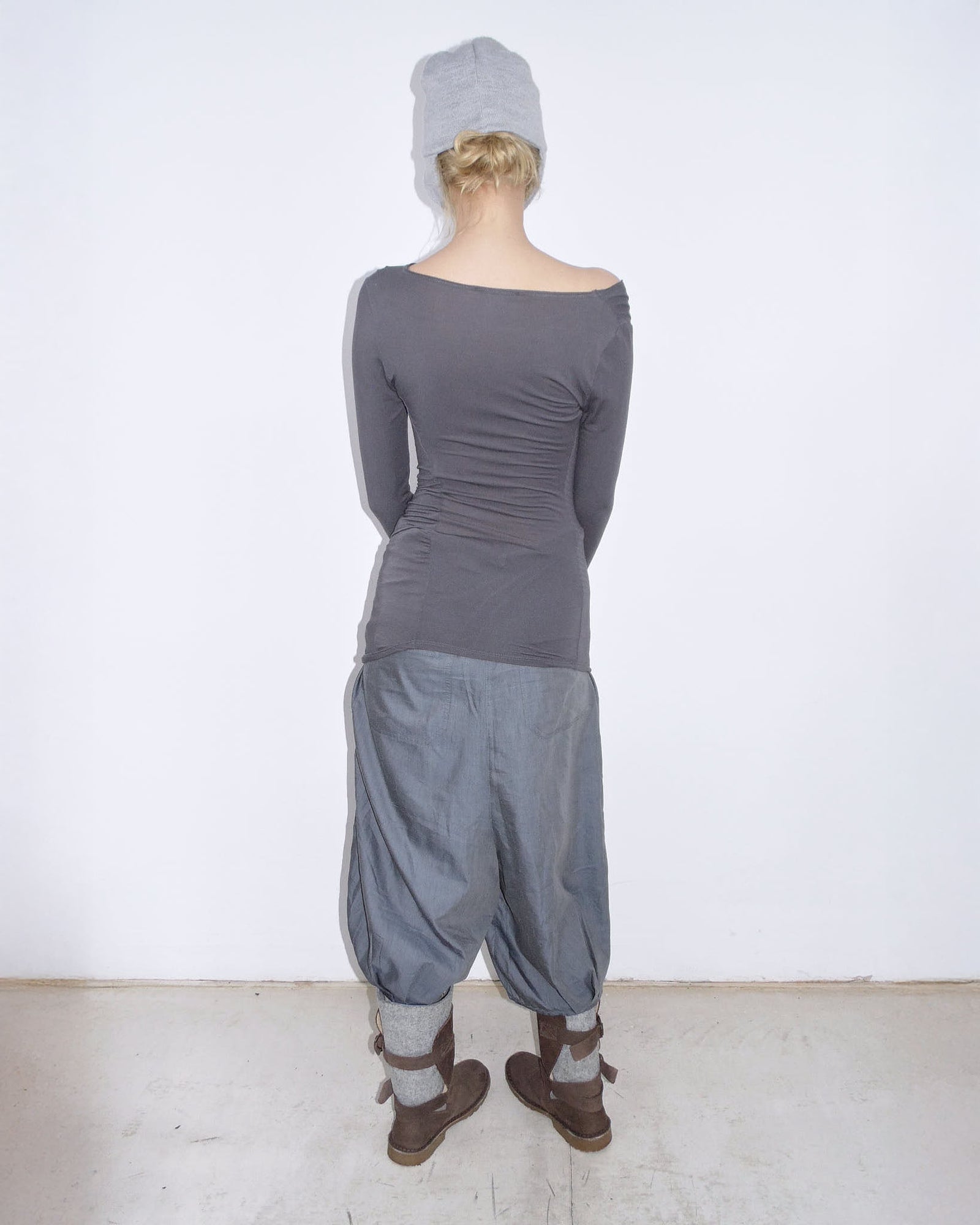 grey felt & brown leather buckle boots