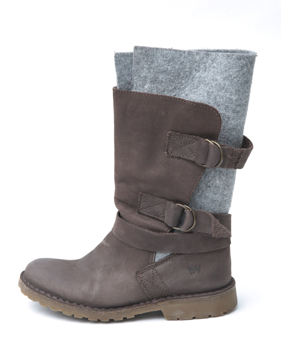 grey felt & brown leather buckle boots