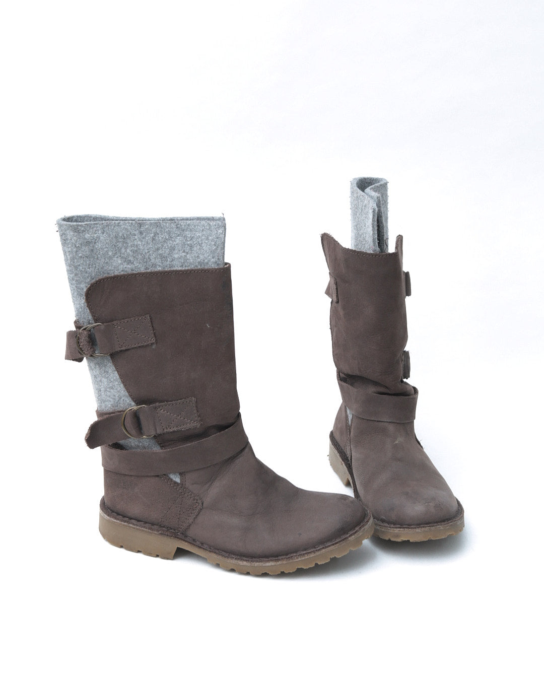 grey felt & brown leather buckle boots