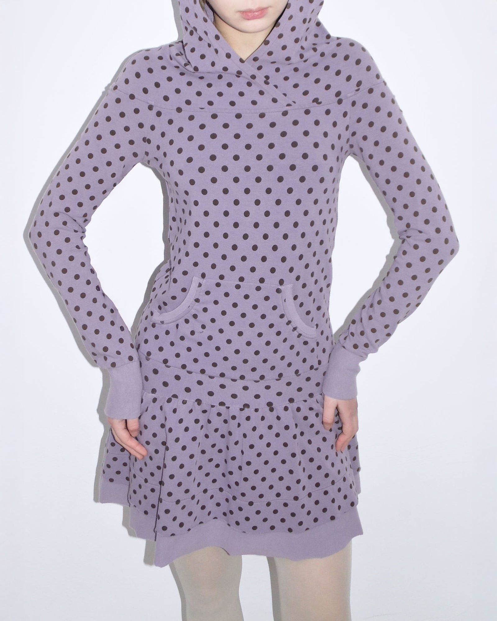 hooded lilac & brown polka dot flared dress