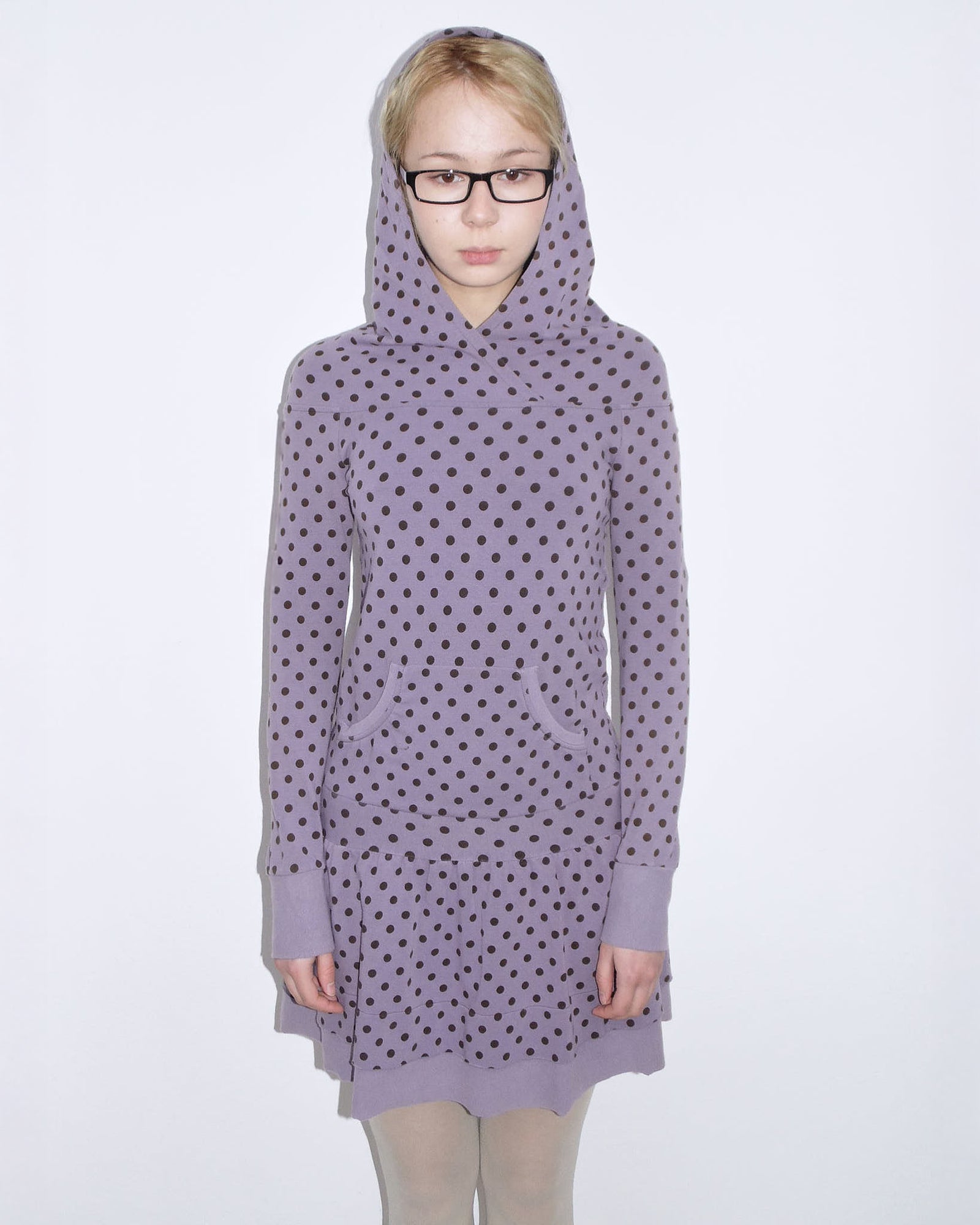 hooded lilac & brown polka dot flared dress