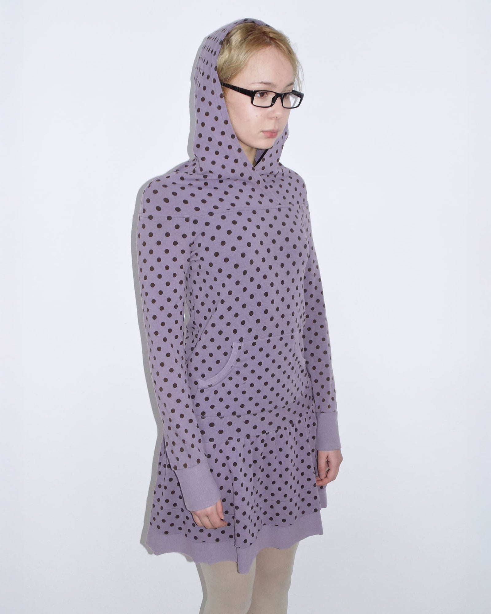 hooded lilac & brown polka dot flared dress