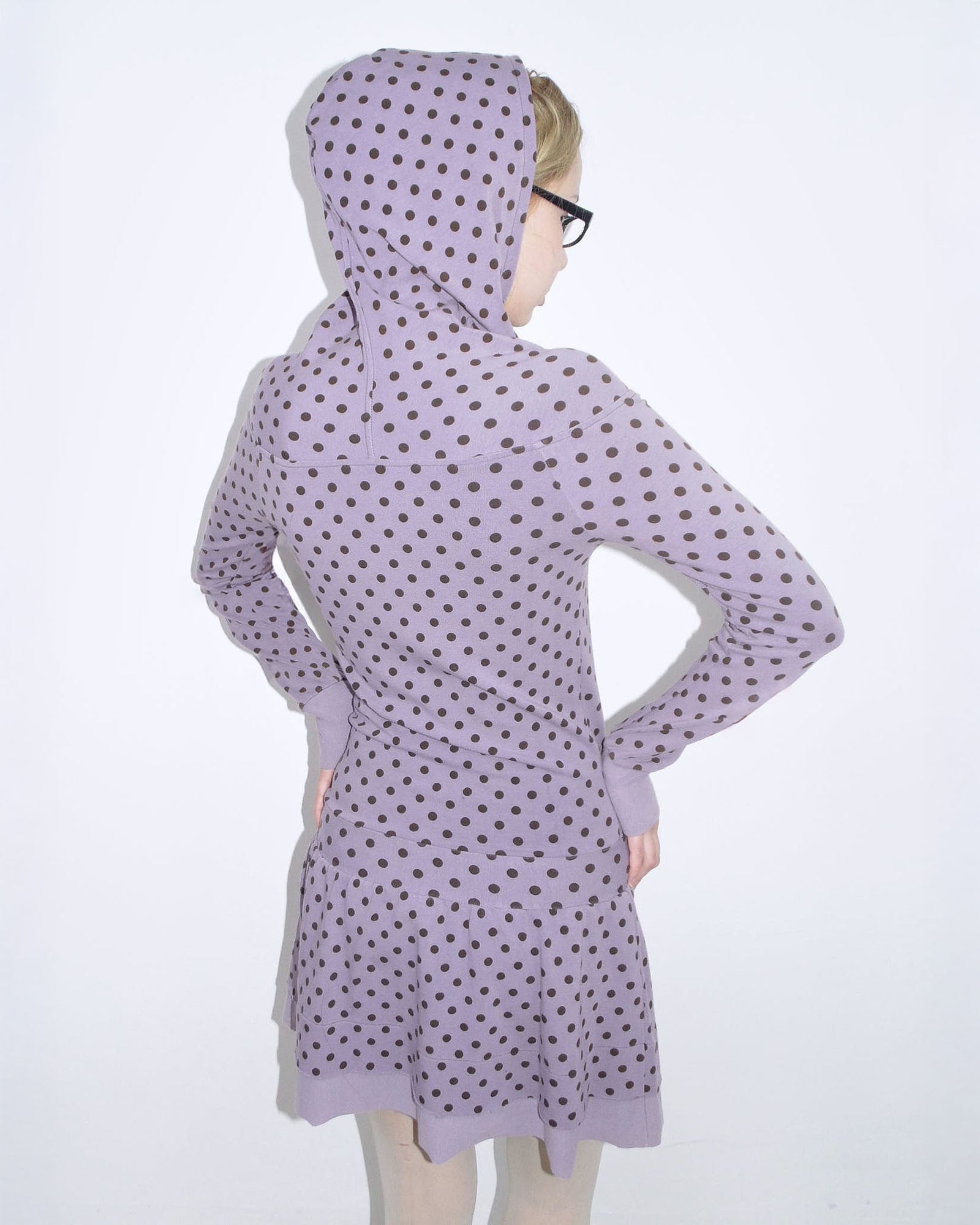 hooded lilac & brown polka dot flared dress