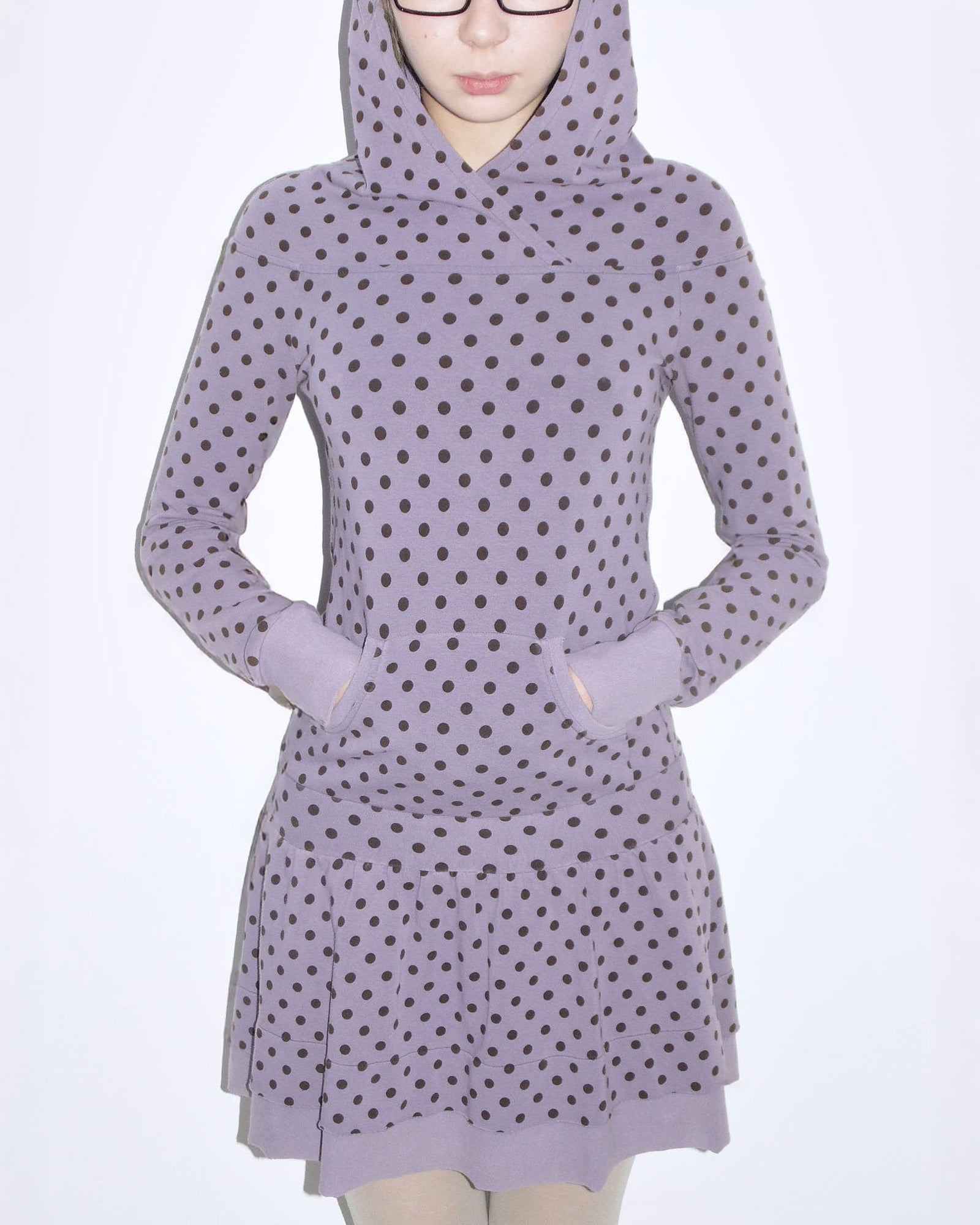 hooded lilac & brown polka dot flared dress