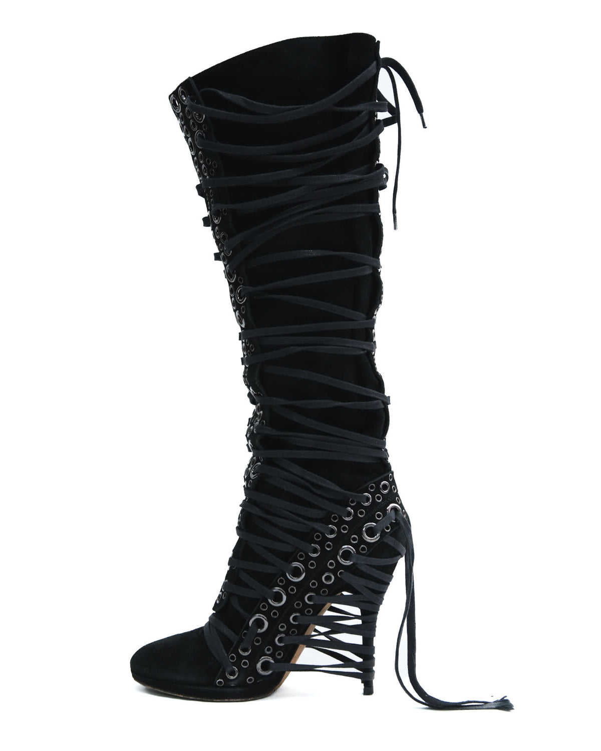 black lace-up knee-high boots with eyelets