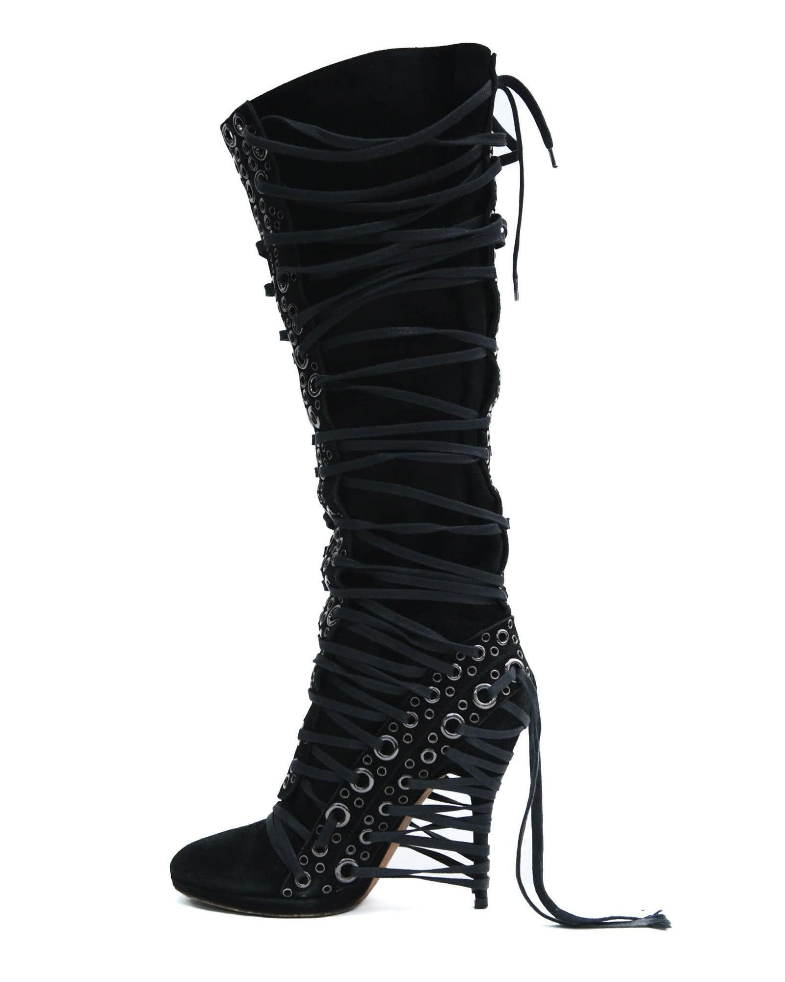 black lace-up knee-high boots with eyelets