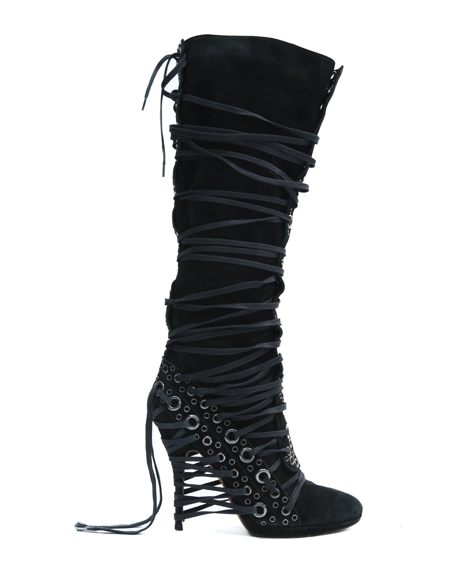 black lace-up knee-high boots with eyelets