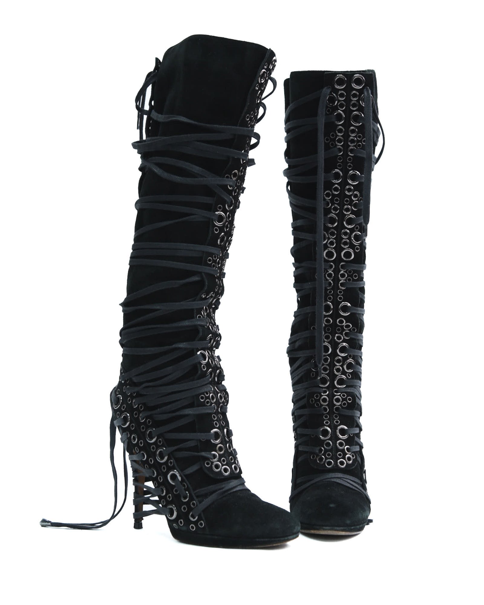 black lace-up knee-high boots with eyelets