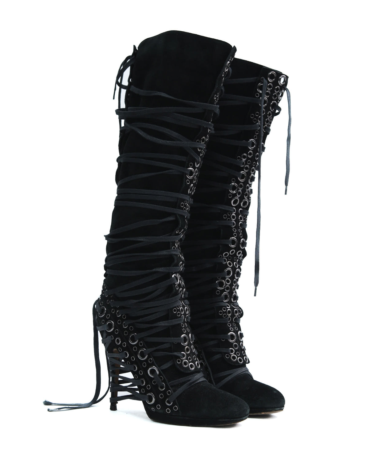black lace-up knee-high boots with eyelets