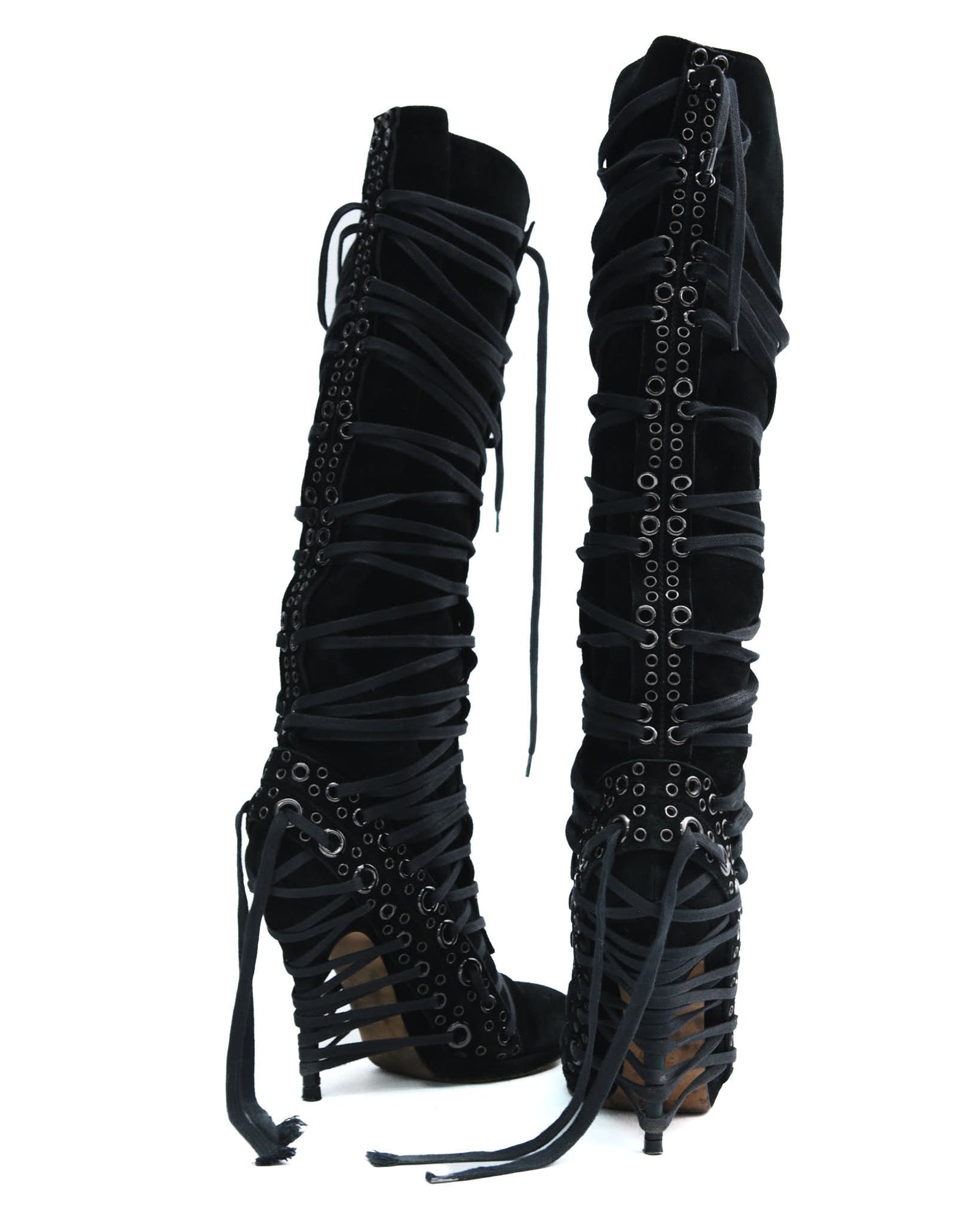 black lace-up knee-high boots with eyelets