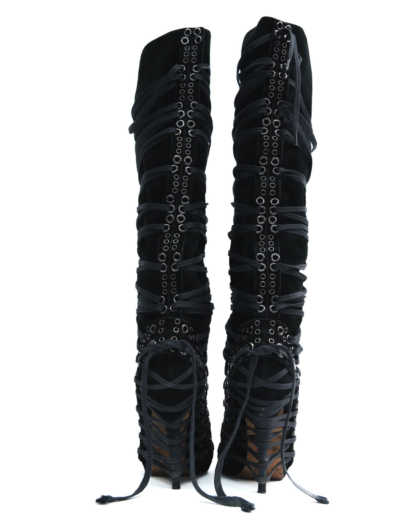 black lace-up knee-high boots with eyelets