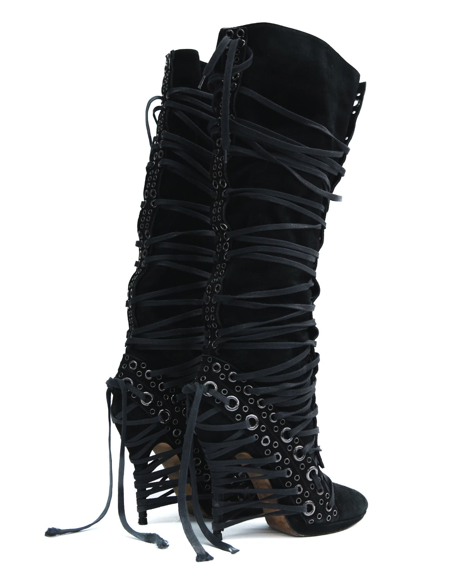 black lace-up knee-high boots with eyelets