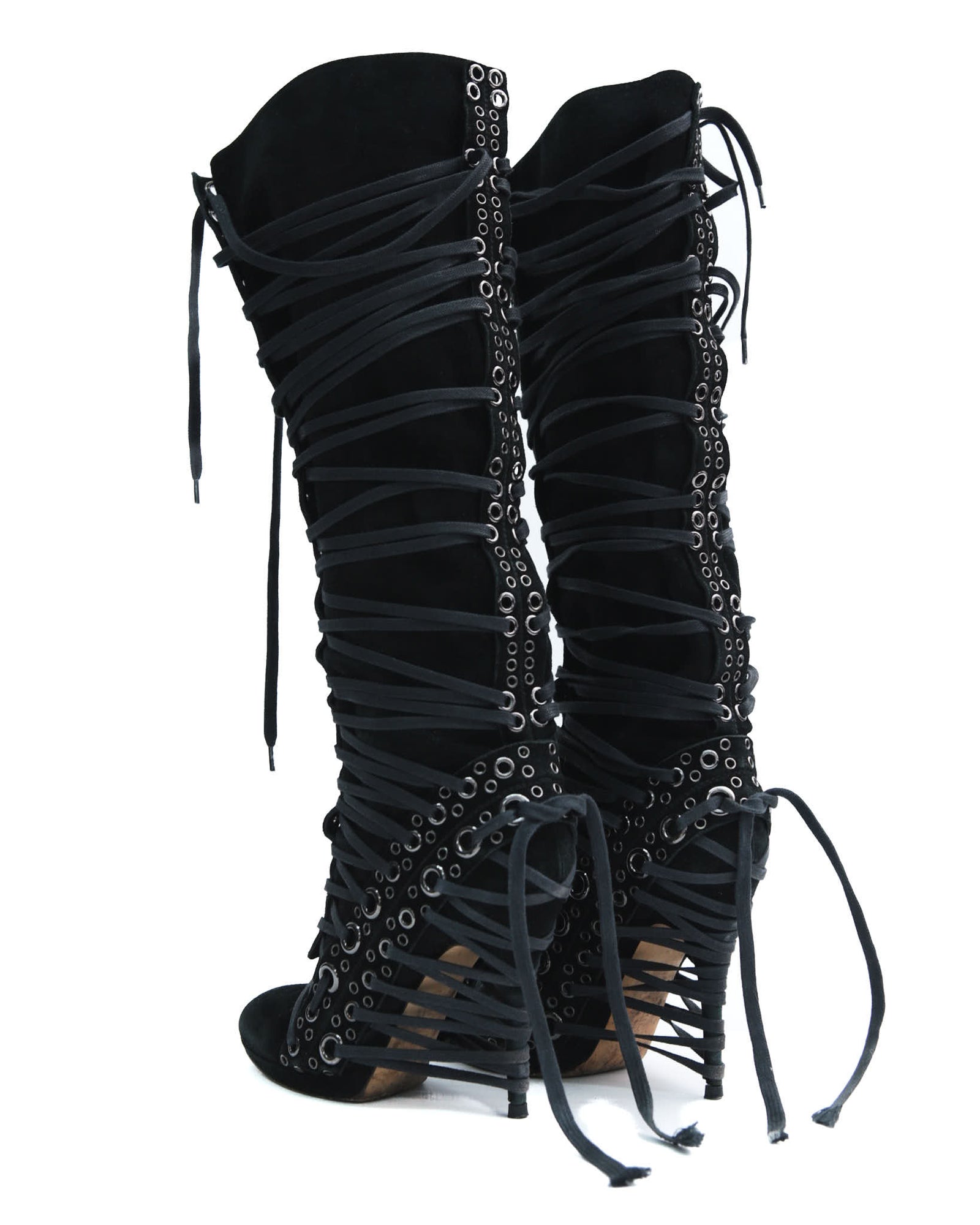black lace-up knee-high boots with eyelets