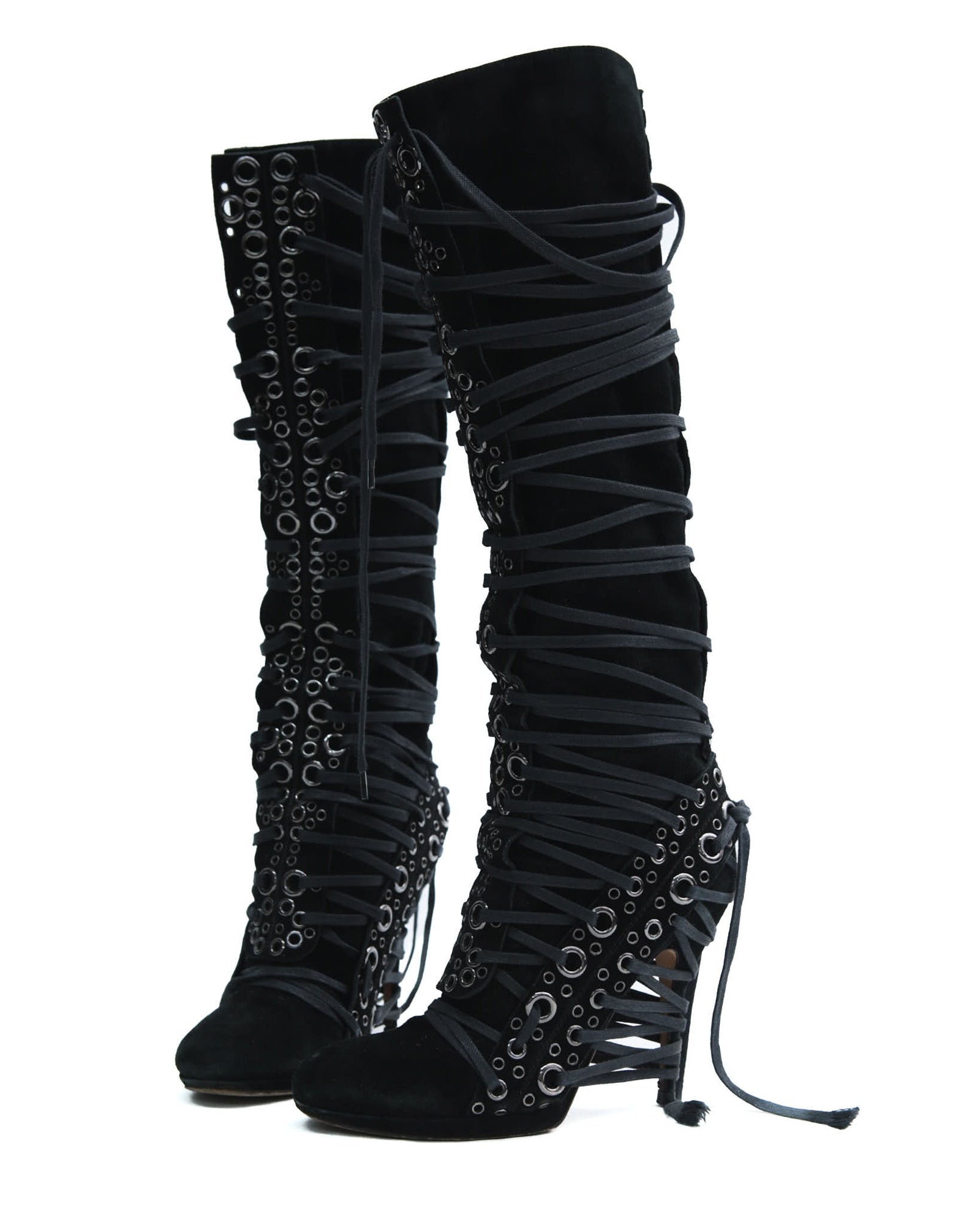 black lace-up knee-high boots with eyelets