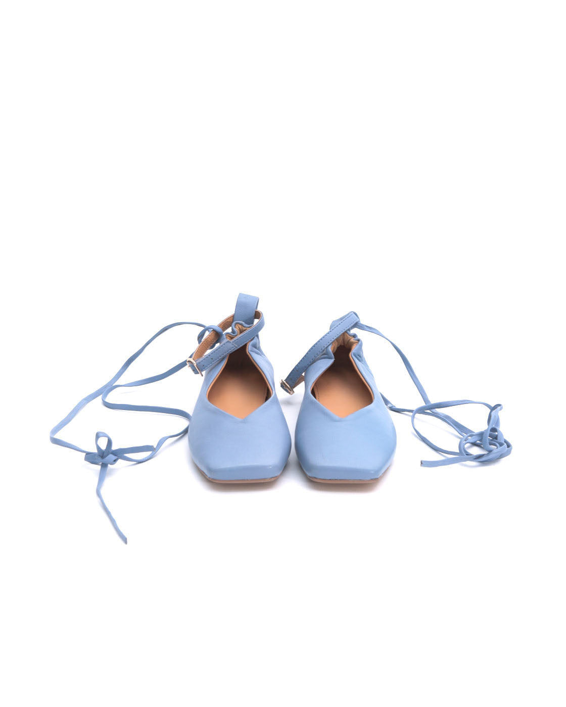 light blue leather ballet flats with ankle ties