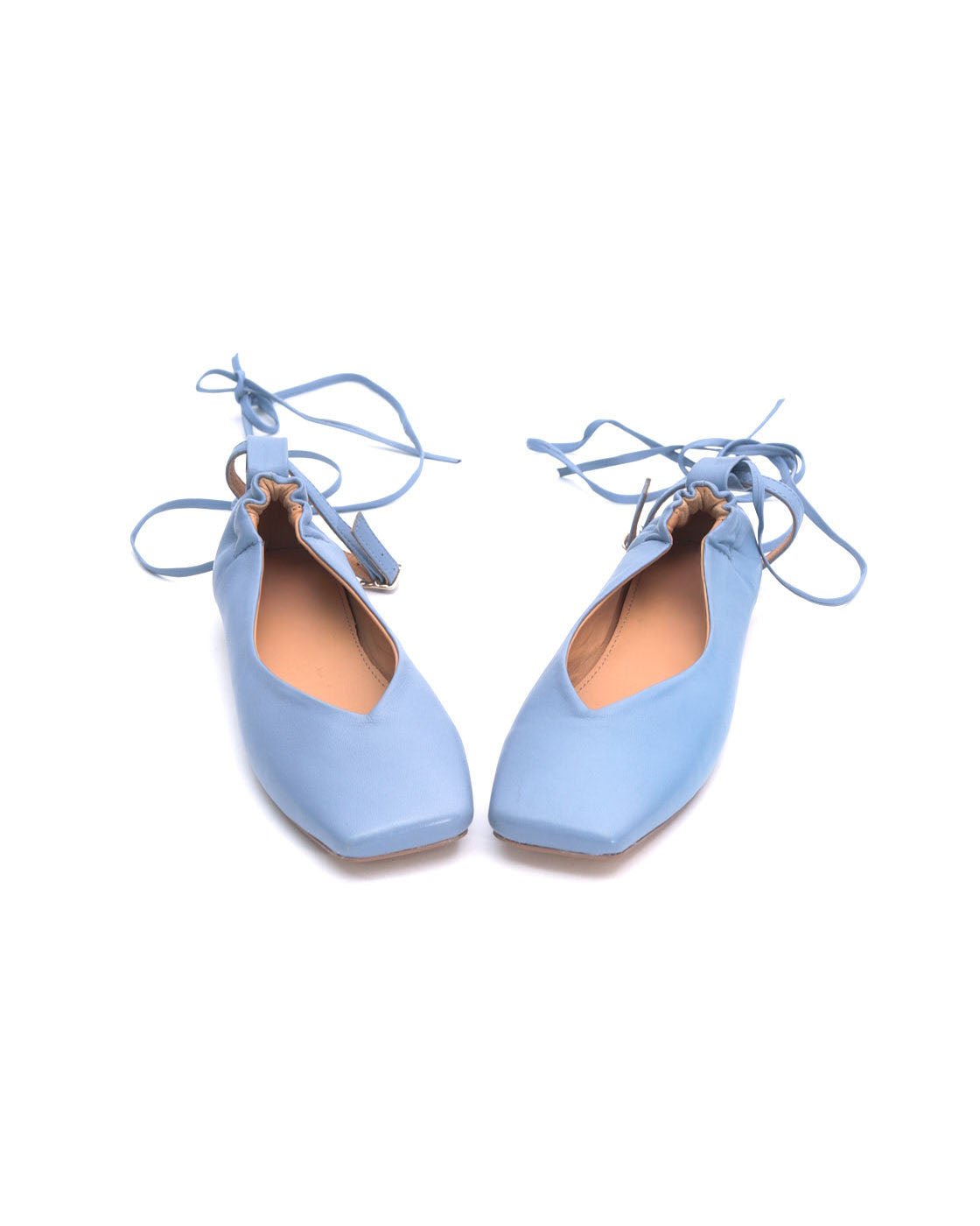 light blue leather ballet flats with ankle ties