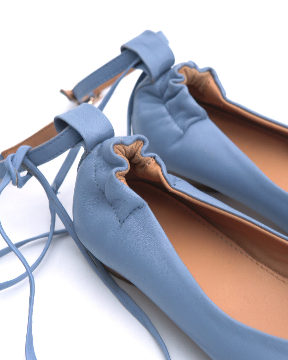 light blue leather ballet flats with ankle ties