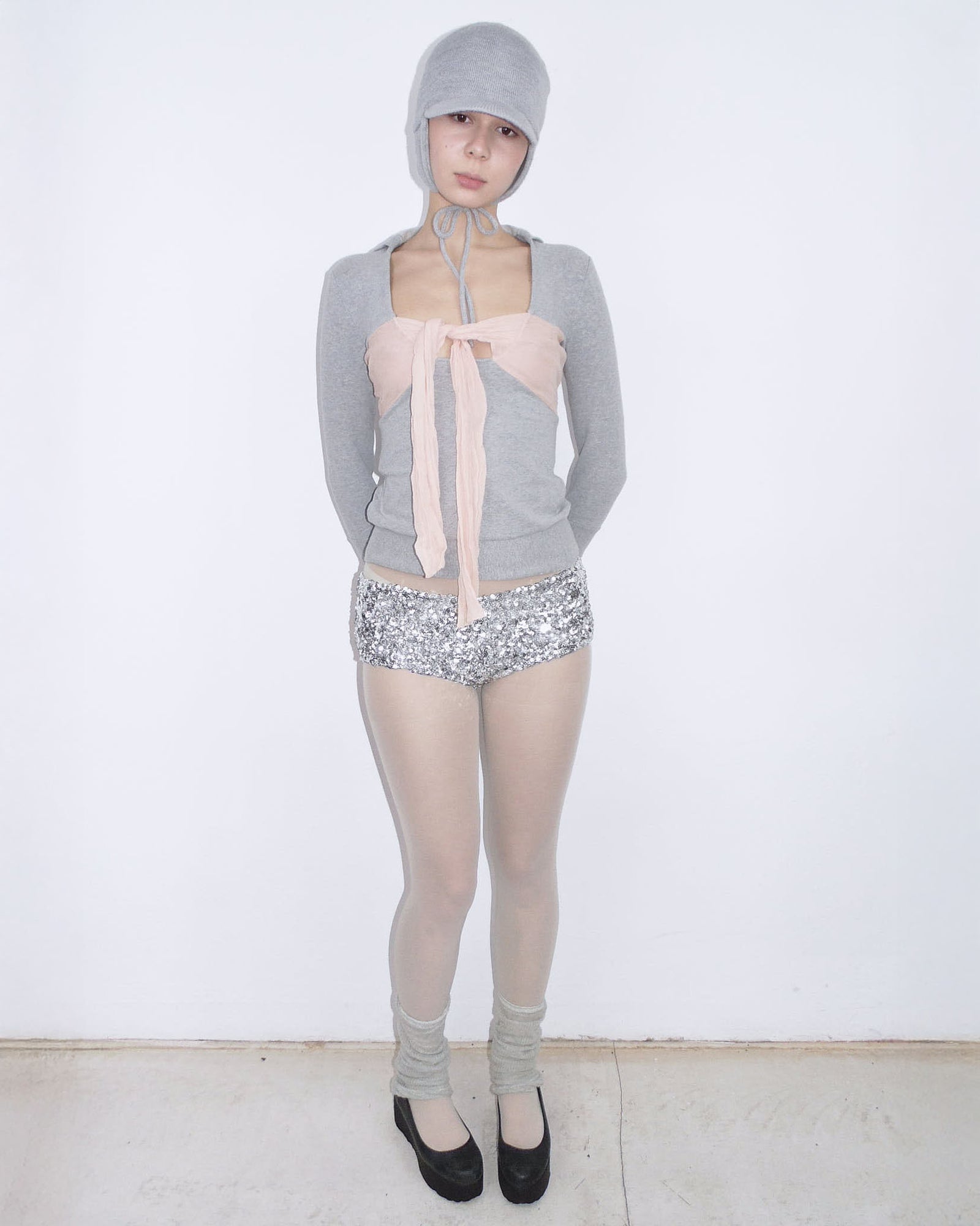 light gray hooded top with pink silk bow